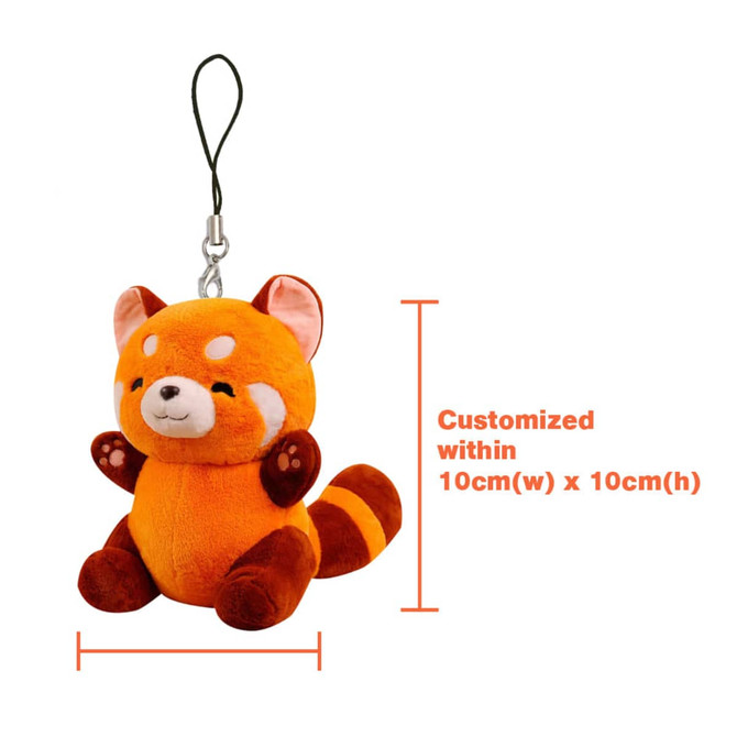 A plush keyring in orange and brown, shaped like a red panda, with dimensions of 10cm by 10cm.