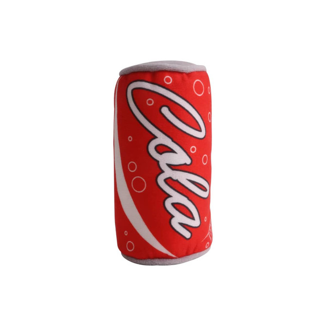 A red can-shaped pet toy with a soft texture and a logo, designed for playful pets.