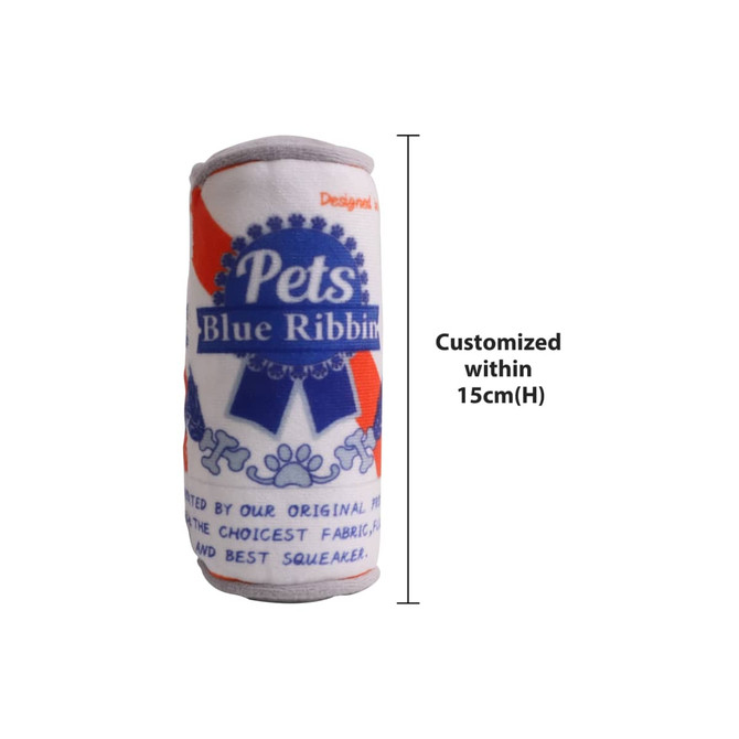 A drink bottle shaped pet toy in red, blue, and white, featuring a logo and measuring 15cm high.