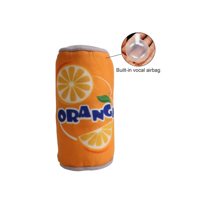 An orange can-shaped pet toy with a built-in vocal airbag and grey trim, featuring a fruity design.
