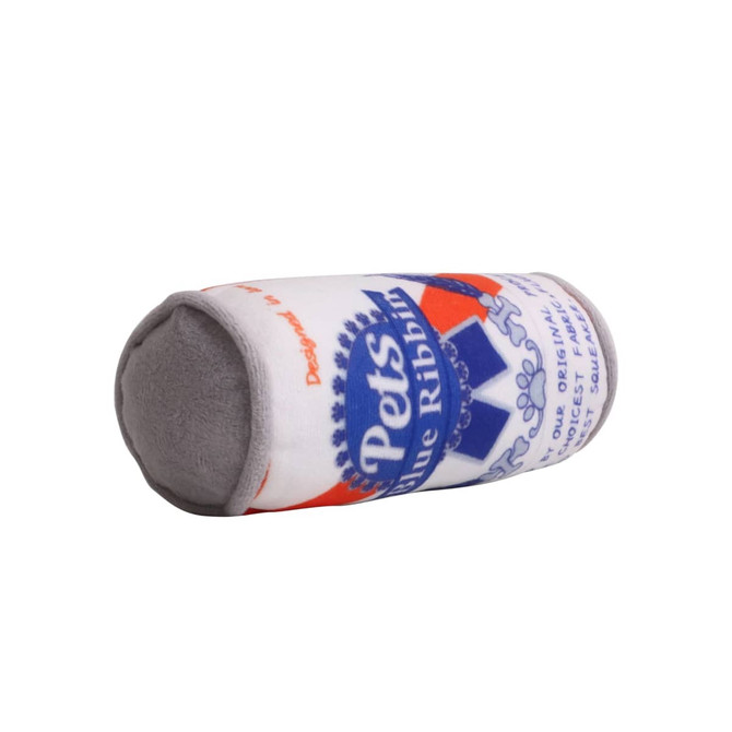 A can-shaped pet toy featuring a white and red design with a grey bottom and branding.