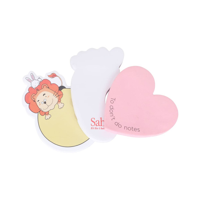Custom-shaped sticky note memo pads featuring a lion, a paw print, and a heart, in various colours including pink and yellow.