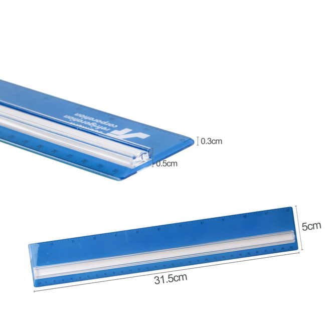 A blue magnifying ruler, 30 cm in length, featuring dual scale measurements and a branded logo.