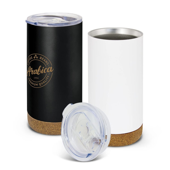 A drink bottle in black and white with a cork base, featuring a clear lid and a logo.