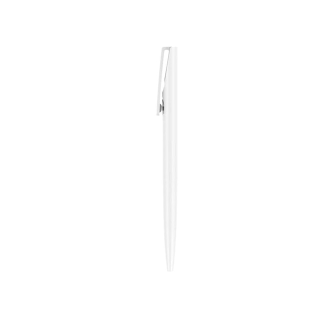 A plastic pen with a creamy white barrel and a silver clip, featuring a logo on its surface.