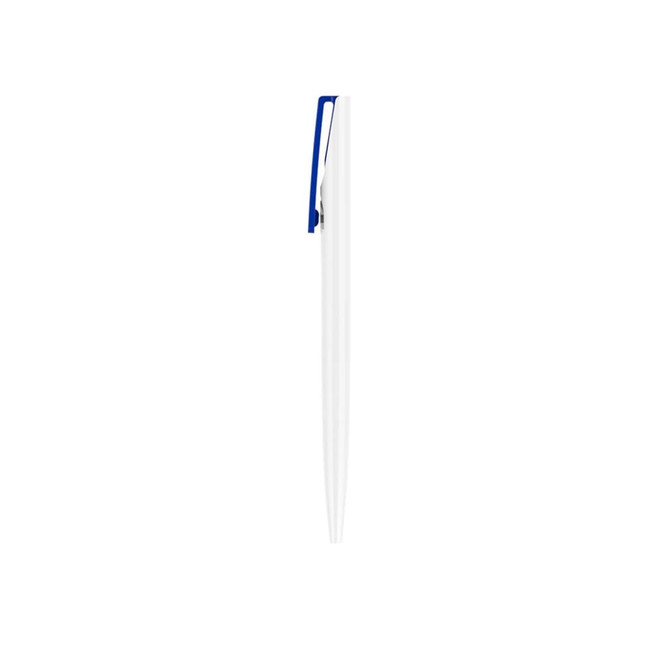 A creamy white plastic pen with a blue clip, featuring a simple, sleek design and a branding logo.
