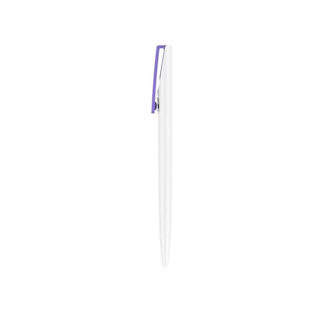 A plastic pen with a creamy white barrel and a purple clip, featuring a logo.