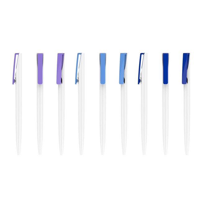 A selection of plastic pens with creamy white barrels and various coloured clips, arranged in a row.