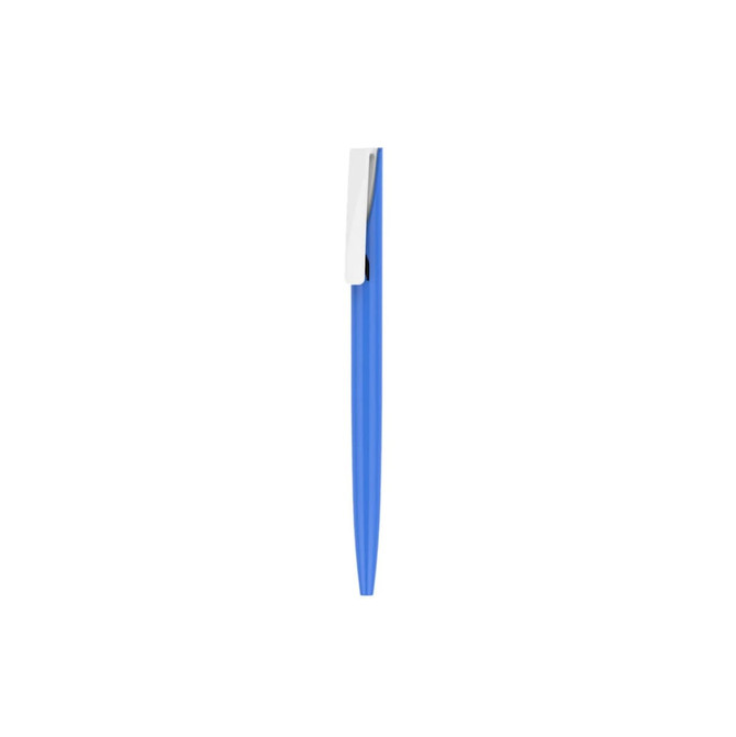 A plastic pen with a blue barrel and a white clip, featuring a branding logo.