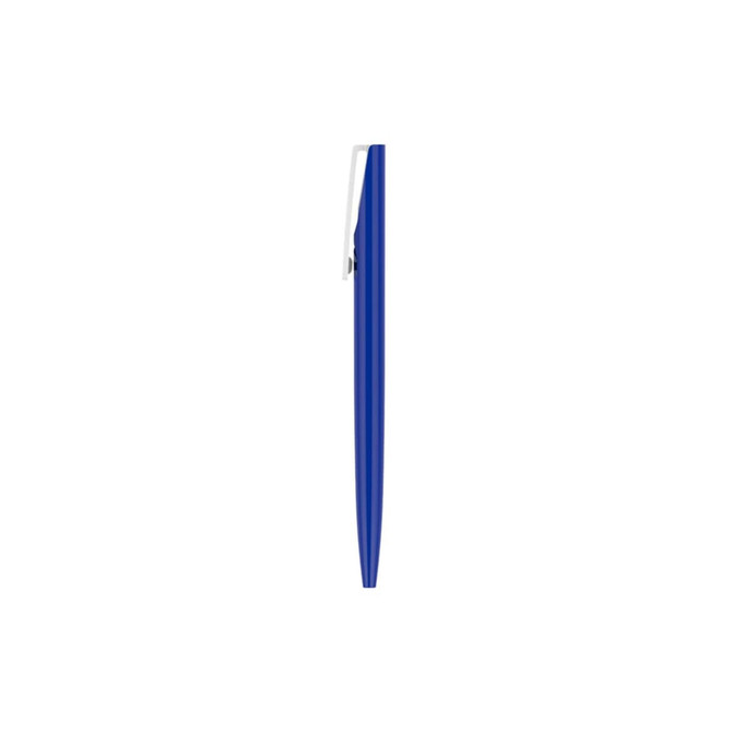 A plastic pen with a blue barrel and a silver clip, featuring a branding logo.