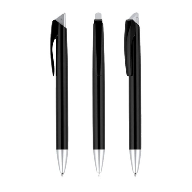 A set of three black plastic pens with silver tips and a branded logo. Each pen has a different design.