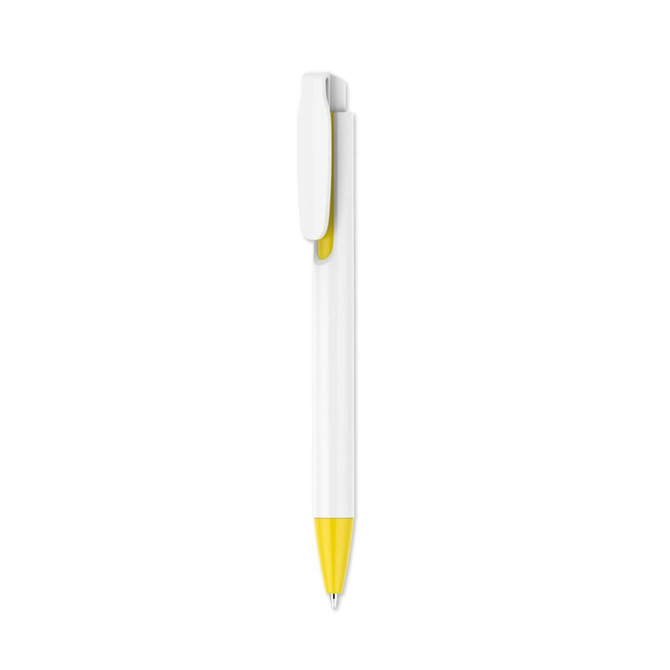 A plastic pen with a creamy white barrel and a yellow tip, featuring a clip and branding.