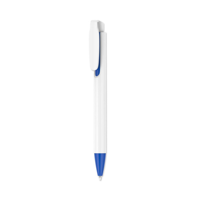 A plastic pen with a creamy white barrel and a blue tip, featuring a clip and branding.