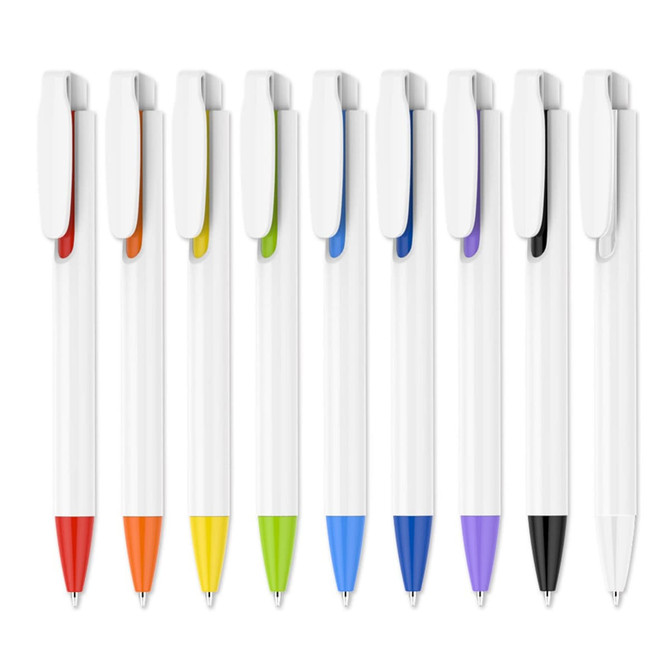 A collection of plastic pens with creamy white barrels and various coloured clips, including orange, yellow, green, blue, purple, and black.