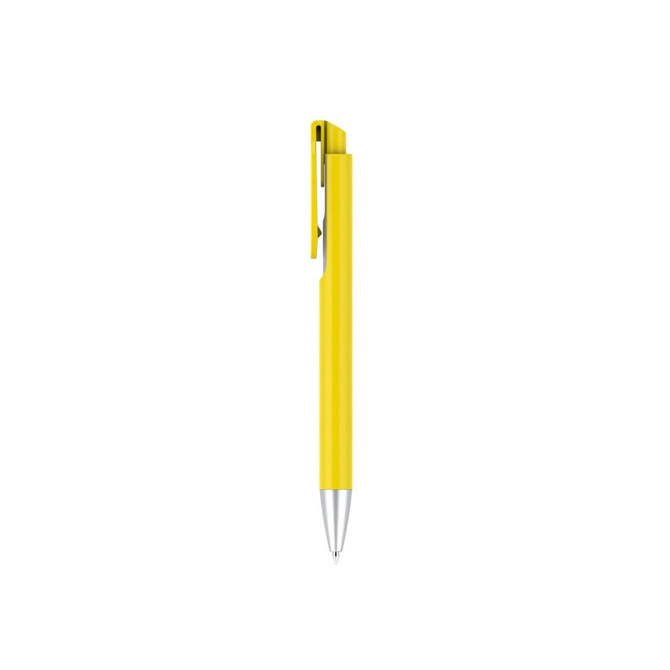A yellow plastic pen with a silver tip and an attached clip, featuring a logo.