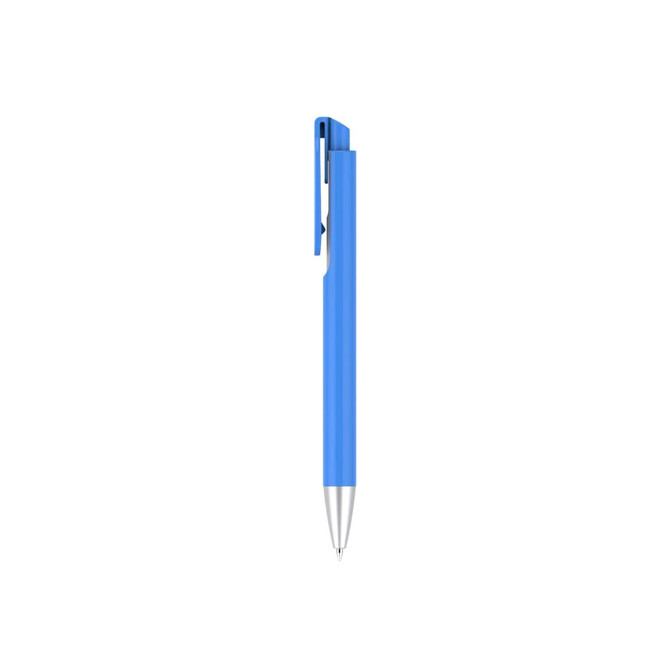A blue plastic pen with a clip and a silver tip, featuring a branding logo.