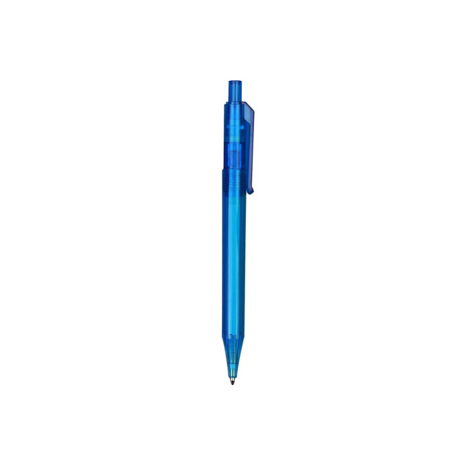 A transparent blue pen with a clip and push-button mechanism, featuring a branding logo.