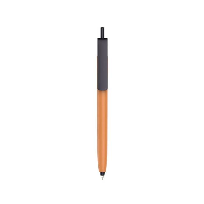 A push button pen with a colour barrel in orange and a black cap, featuring a logo on the barrel.