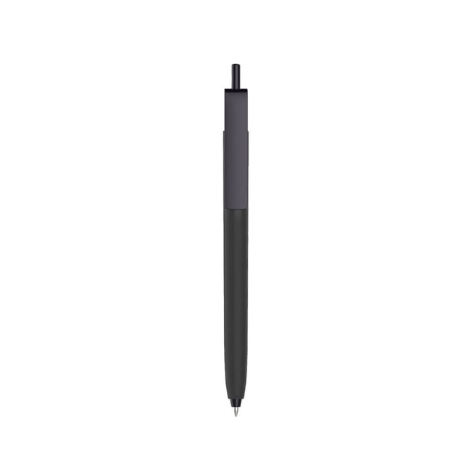 A push button pen with a black cap and a colour barrel, featuring a subtle logo.