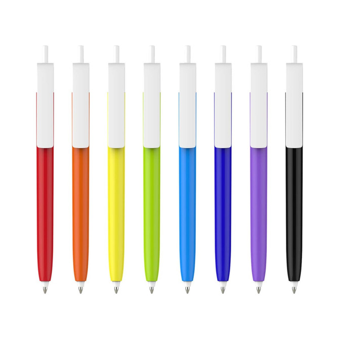 A row of push button pens with colour barrels in red, orange, yellow, green, blue, purple, and black, featuring creamy white caps.