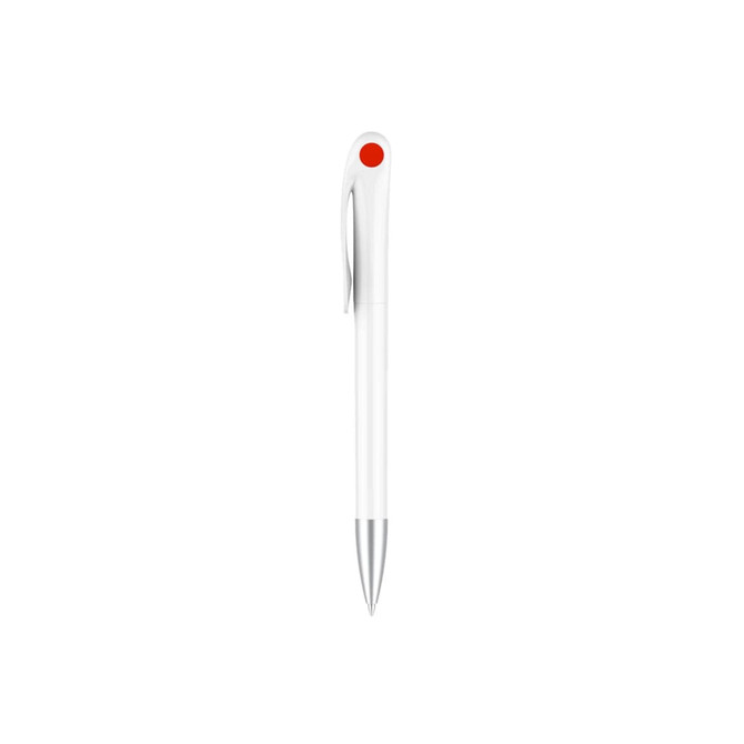A creamy white barrel pen with a red accent and a metallic tip, featuring a logo on the clip.