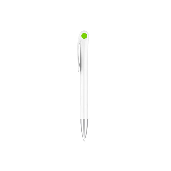 A plastic pen with a creamy white barrel and a green accent on the clip, featuring a silver tip and detailing.