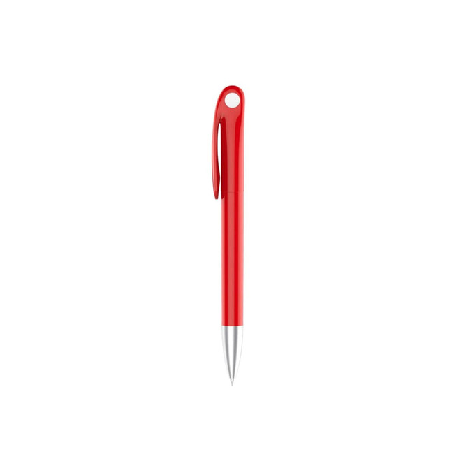 A red plastic pen with a silver nib and a clip, featuring a logo on the barrel.