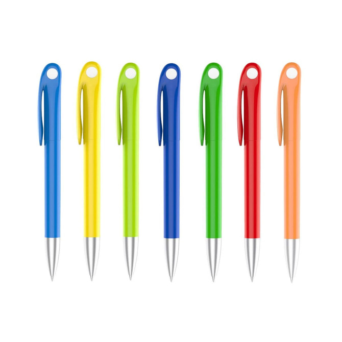 A collection of plastic pens in blue, yellow, green, red, and orange, featuring a clip and silver tips.
