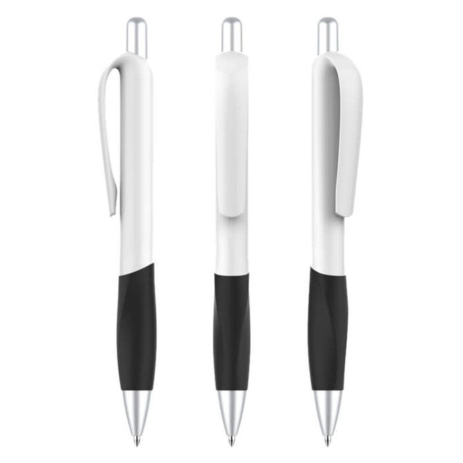 A creamy white barrel plastic pen with a black grip and silver accents, featuring a stylish design and a clip.
