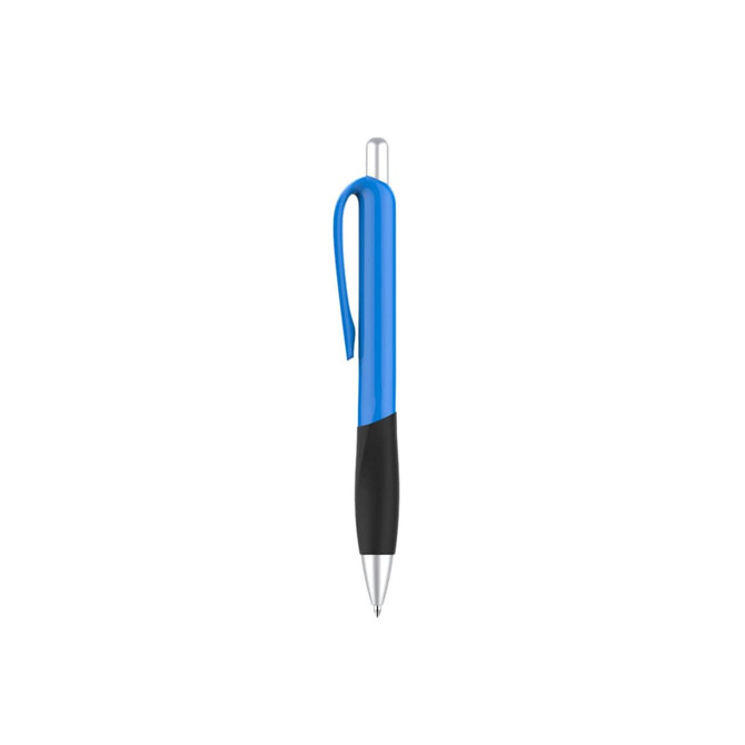 A plastic pen with a blue barrel and black grip, featuring a silver clip and tip, showcasing a simple design.