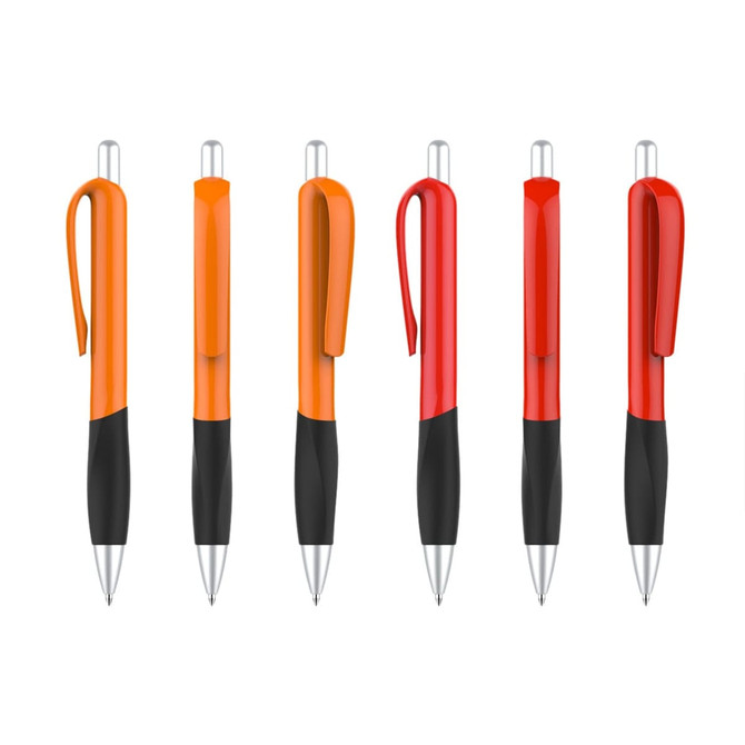 A set of six plastic pens with orange, yellow, and red barrels, featuring black grips and silver accents.