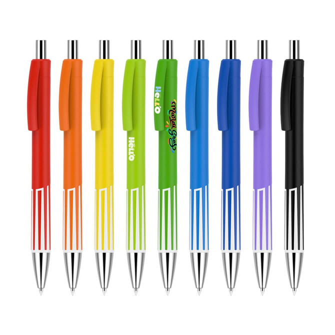 A set of plastic pens with colourful barrels in red, orange, yellow, lime green, green, blue, purple, and black. Each has a logo.