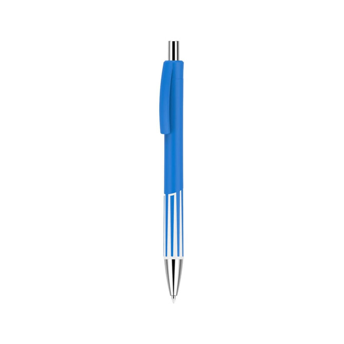 A blue plastic pen with a silver tip and a grip for comfortable writing, featuring a logo on the barrel.