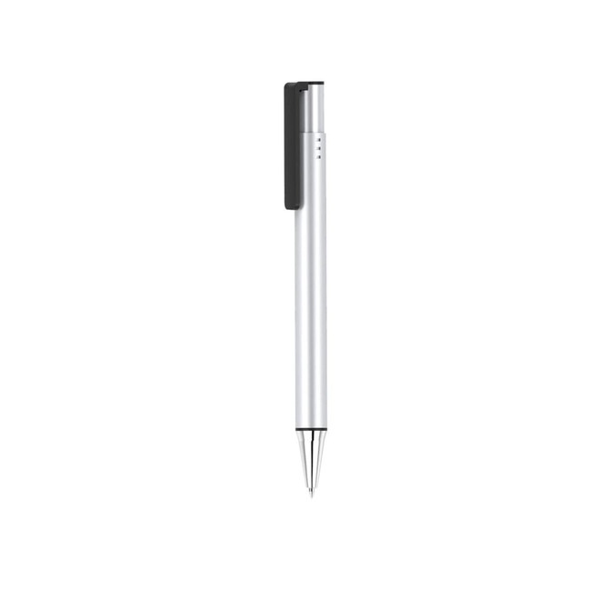 A sleek silver pen with a black clip and a shiny metal finish. It features a branding logo.