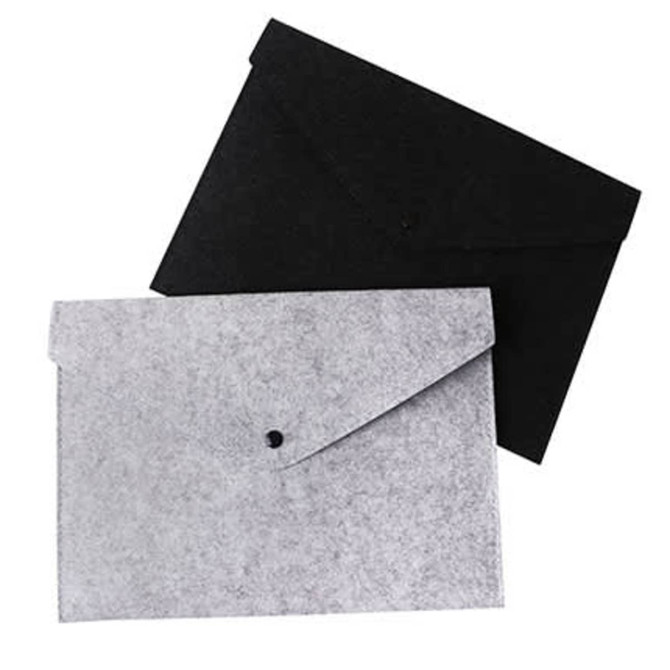 A set of two felt file folders in black and grey, featuring a button closure and a simple design.