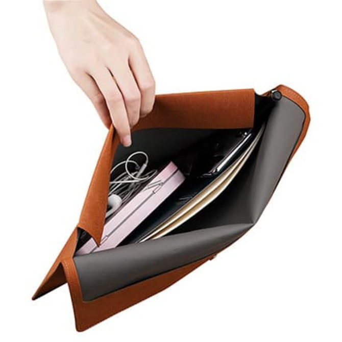A PU leather A4 file bag in brown, opened to reveal electronic devices and cables inside.