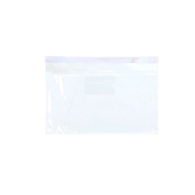 A transparent A4 file bag with a zip closure and a label holder, ideal for organising documents.