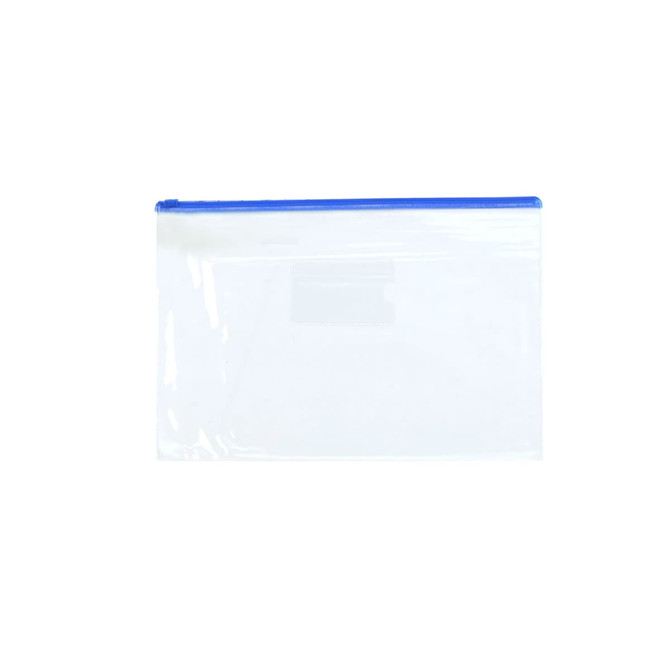 A transparent A4 file bag with a blue zip closure, suitable for storing documents. It features a logo.