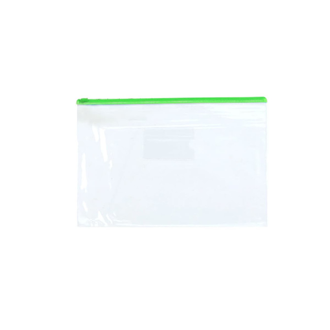 A transparent A4 file bag with a green zipper, showcasing a clear design suitable for organising documents.