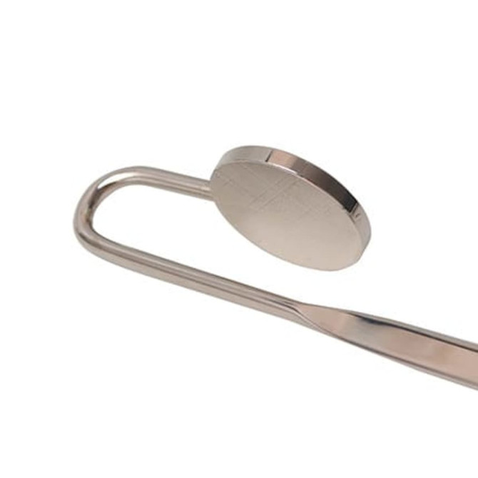 A metal bookmark with an oval top and a curved handle, featuring a polished silver finish.