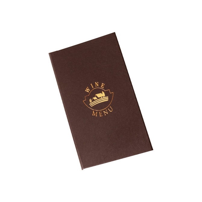 A brown wine menu with a gold logo on the front, designed for showcasing drink selections.