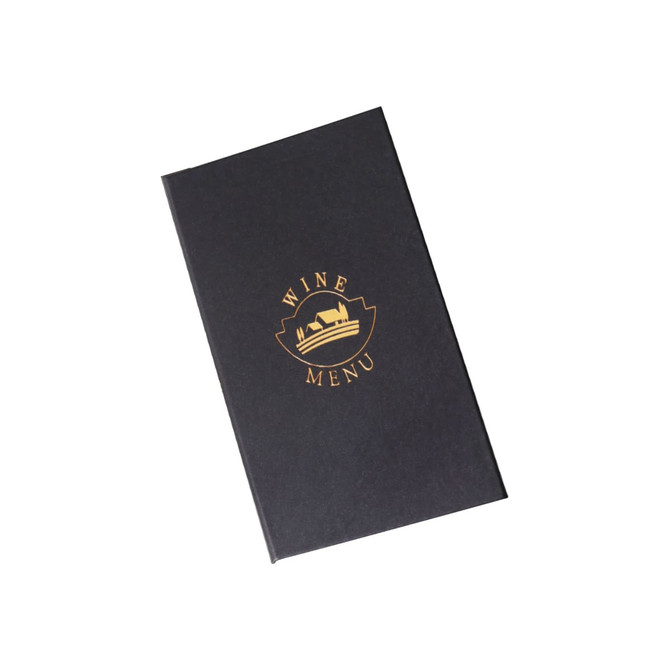 A black custom menu with a gold logo, featuring the words "Wine Menu." Elegant and sleek design.