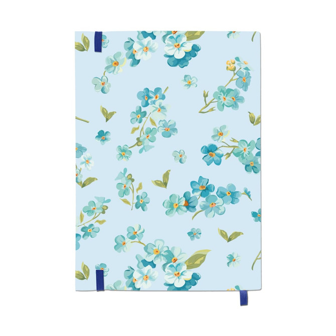 A B5 notebook featuring a light blue cover with a floral pattern in shades of blue and green. It has a logo on the cover.