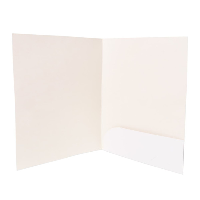 A4 presentation folder in plain white, featuring a side pocket for holding documents. Additionally includes a branding logo.
