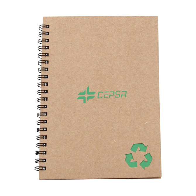 A brown spiral-bound notebook featuring a recycling symbol and a logo on the front cover.