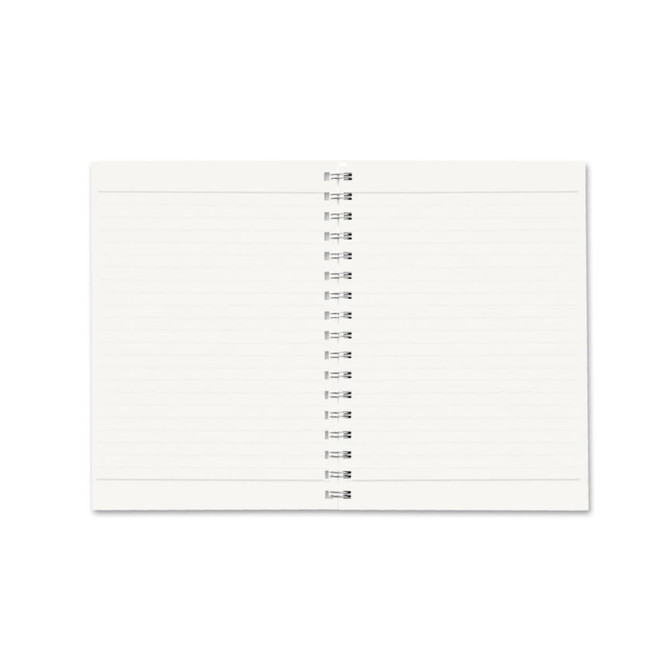 A B5 full colour wiro binding notebook with blank lined pages and a silver spiral binding.