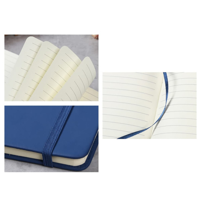 A blue PU A6 notebook featuring lined pages, a ribbon marker, and an elastic band closure.