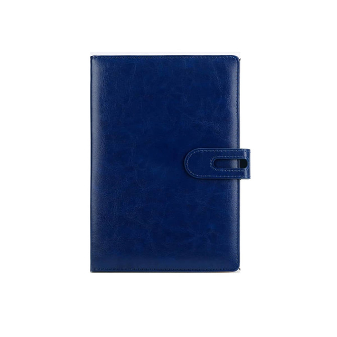 A navy blue PU notebook with a textured finish and a clasp closure. Features a logo on the front cover.
