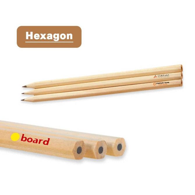 Three grey-lead hexagon pencils with natural wooden finish; features a logo on one pencil.