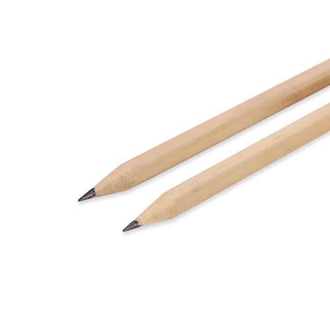 Two grey-lead pencils with wooden shafts, featuring sharpened tips. The product includes a logo.